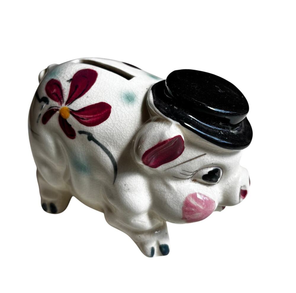 Small vintage ceramic piggy bank hand painted pig made in Japan mid century